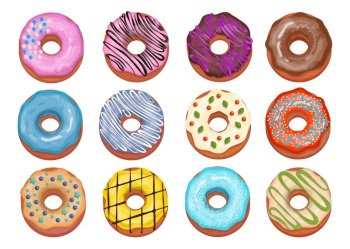 Assorted donuts collection. Top view of sweet doughnuts with blue, chocolate, strawberry icing. Flat vector illustration for dessert, cake, sweet food concept