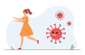 Woman running from aggressive covid. Person avoiding infection, saving from disease. Flat vector illustration. Coronavirus, pandemic panic concept for banner, website design or landing web page