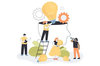 Tiny creative people sharing ideas with abstract person. Flat vector illustration. Team working on innovation, education, research with bulbs around. Brainstorming, community, imagination concept