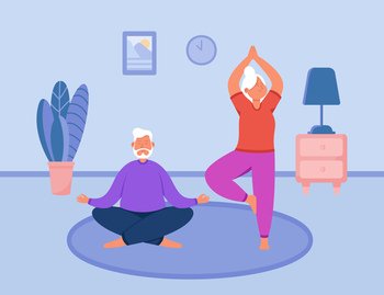 Healthy yoga exercises of elder couple. Happy senior man and woman stretching on mat, doing morning meditation together at home flat vector illustration. Active family lifestyle, sport concept. Healthy yoga exercises of elder couple