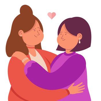 Portrait of happy lesbian couple on date. Hugs of two lesbian women with cute faces standing together flat vector illustration. LGBT, homosexual love and relationship, intimacy, homosexuality concept. Portrait of happy lesbian couple on date