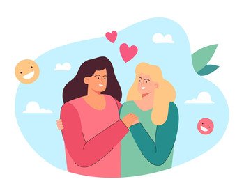 Portrait with hearts of happy lesbian couple on dating. Female homosexual characters hugging on date, two women standing together flat vector illustration. Love, intimacy, LGBT relationship concept. Portrait with hearts of happy lesbian couple on dating