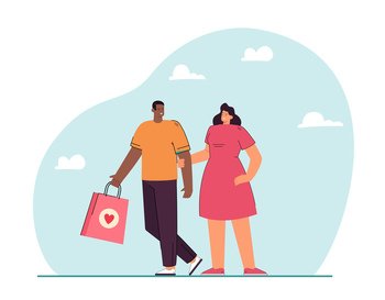 Woman smiling to her husband who holding bag. Couple shopping or choosing gift flat vector illustration. Shopping, family, holiday, entertainment concept for banner, website design, landing web page