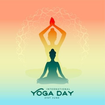 colorful yoga day background with meditation and other yoga pose