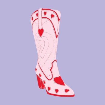 Cowgirl boot with red heart ornaments on purple. Cowboy girl wears fashion boots. Cowboy western theme, wild west, texas. Various cowgirl boots. Hand drawn cartoon trendy vector illustration. 