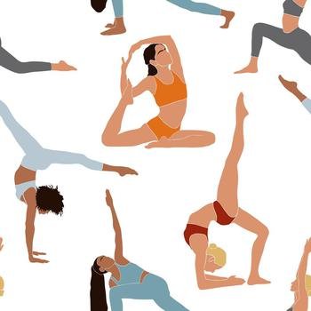 Abstract young women exercising yoga seamless pattern. Do yoga meditation practice cartoon style. Exercise workout background. Healthy lifestyle morning fitness activities pictures. Calmness, relax.
