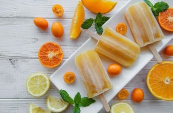 Fruit orange ice popsicle, ice cubes and slices of citrus fruits. 