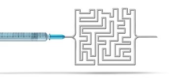 Vaccination challenge and healthcare challenges or health care services problem as a hospital syringe shaped as a complicated maze representing complicated medical system as a 3D illustration.