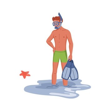 Young diver in fins. Man wearing diving mask and snorkel, guy holding flippers while standing in water on beach or seacoast. Diver flat vector character with snorkeling equipment. Young diver in mask, man with snorkel and fins