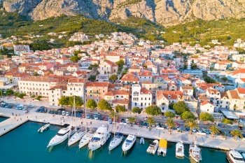 Makarska. Aerial view of Town of Makarska waterfront Riva. Dalmatia region of Croatia