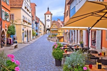 Famous Plonlein gate and cobbled street of historic town of Rothenburg ob der Tauber view, Romantic road of Bavaria region of Germany