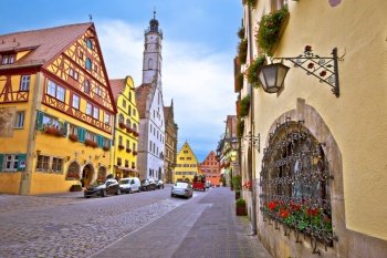 Idyllic Germany. Street architecture of medieval German town of Rothenburg ob der Tauber view. Bavaria region of Germany
