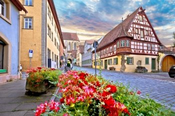 Idyllic Germany. Cobbled street in medieval German town of Rothenburg ob der Tauber view. Bavaria region of Germany