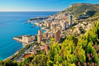 Monaco cityscape and coastline colorful nature of Cote d’Azur view, Principality of Monaco