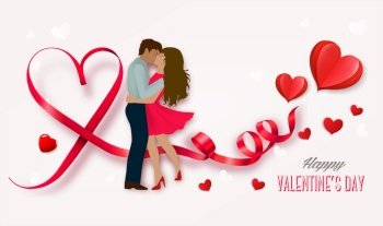 Happy Valentine’s Day getting card  with couple in love and a red heart shape ribbon. Vector.