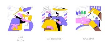 Beauty services abstract concept vector illustration set. Hair salon, barbershop, nail bar, beauty salon, beard shaving, moustache trimming, nail polish, french manicure, pedicure abstract metaphor.. Beauty services abstract concept vector illustrations.