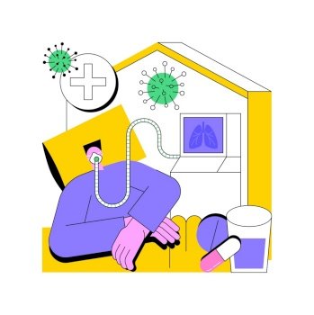 Coronavirus treatment abstract concept vector illustration. Self-quarantine measures, covid-19 treatment at home, intensive therapy, wearing a mask, medicine, lung ventilation abstract metaphor.. Coronavirus treatment abstract concept vector illustration.