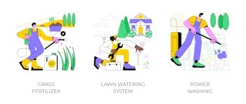 Gardening services abstract concept vector illustration set. Grass fertilizer, lawn watering system, power washing, garden hose, soil nutrients, pop-up sprinkler, dust and mold abstract metaphor.. Gardening services abstract concept vector illustrations.