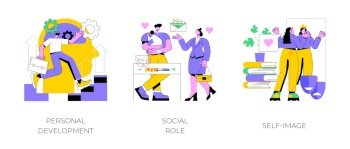 Human capital abstract concept vector illustration set. Personal development, social role, self-image, gender stereotypes, career growth, self improvement, coach, modern family abstract metaphor.. Human capital abstract concept vector illustrations.