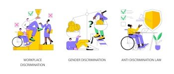 Equal rights abstract concept vector illustration set. Workplace and gender discrimination, anti-discrimination law, roles and stereotypes, sexual harassment, social equality abstract metaphor.. Equal rights abstract concept vector illustrations.