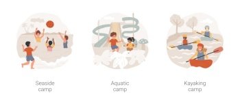 Water sports summer camps isolated cartoon vector illustration set. Sea adventure for kids, aquatic park fun outdoor activities, kayaking and canoeing, swimming and diving class vector cartoon.. Water sports summer camps isolated cartoon vector illustration set.