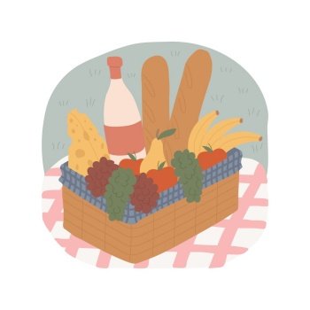 Picnic basket isolated cartoon vector illustration. Tablecloth on grass, picnic basket closeup view, cheese and bread, fresh fruit, wine bottle, park on background, leisure time vector cartoon.. Picnic basket isolated cartoon vector illustration.