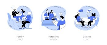 Family coach isolated cartoon vector illustrations set. Experienced relationship coach talking with couple, parenting coaching, therapy session, help to coupe with divorce vector cartoon.. Family coach isolated cartoon vector illustrations se