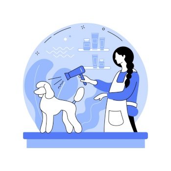 Pet grooming service isolated cartoon vector illustrations. Professional groomer doing dogs hairstyle using dryer, domestic animal, pet care service, small business, beauty salon vector cartoon.. Pet grooming service isolated cartoon vector illustrations.