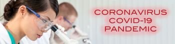 Panoramic web banner of Chinese Asian female woman scientist researcher or doctor using a microscope in a medical research lab or laboratory with her male colleague out of focus behind her and with Coronavirus Covid-19 Pandemic text