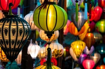 Traditional Vietnamese Colorful Lanterns at Night on the Streets of Hoi An, Vietnam