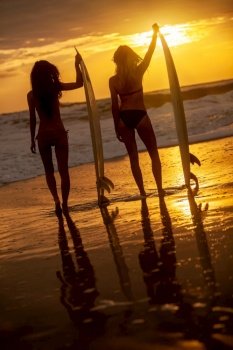 Rear view of beautiful sexy young women surfer girls in bikinis with surfboards on a beach at sunset or sunrise