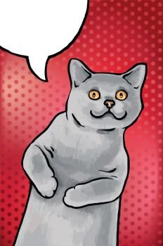 Blue British Shorthair Cat. The cheerful gray cat is saying something. This picture looks like a greeting card. Editable vector EPS v9.0. 