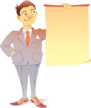 Businessman with a Placard. Smiling businessman is looking at the blank placard. There is a good place for a text or a graphs.Editable vector EPS v9.0. 