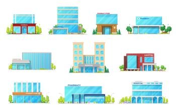 Hospital and pharmacy store, medical and healthcare building vector icons. Exteriors of health clinic, ambulance center, ambulatory and pharmacy with glass entrance doors and glossy facades. Medical hospital and pharmacy building icons