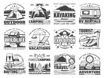 Outdoor adventure vector icons of travel, camping and rafting with sport equipment. Trekking boots, hiking backpack and mountain camp tent, campfire, compass and axes, skis, kayak, trailer. Camp tent, hiking boots, backpack, campfire icons