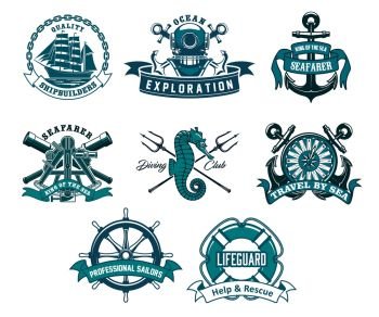 Heraldic ship anchor and helm vector icons, captain spyglass and frigate sailboat, aqualung and lifeguard buoy, seahorse and trident. Diving club, sea and ocean exploration adventure nautical icons. Nautical and marine heraldic icons