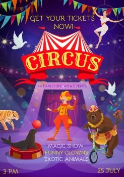 Circus entertainment show. Animals, clowns, equilibrists and magic show performance. Vector big top circus carnival tent, bear on bicycle, seal balancing balloon and monkey juggling pins. Big top circus magic show animals and clowns