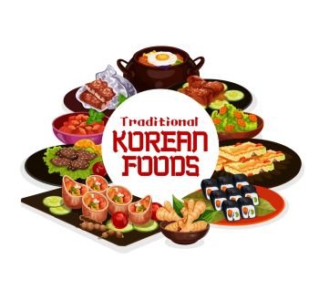 Korean cuisine food, traditional asian restaurant menu dishes. Vector pork ribs in soy sauce and korean bibimpab pot, BBQ beef bulgogi, fried shrimp with spinach, seaweed salad and desserts. Traditional Korean food, cuisine dishes