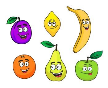 Happy cartoon cute plum, lemon, banana, orange, pear and apple fruit characters with face, smiling mouth and eyes. For beverage, vegetarian or agriculture design