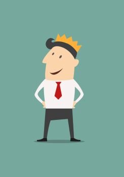 Cartoon businessman wearing a crown in a concept of success, achievement and promotion, vector illustration