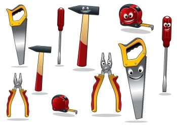 Set of DIY cartoon tools with a drill, tape, pliers, hammer, saw and screwdriver with smiling faces, vector illustration isolated on white