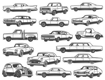 Retro car and vintage auto vector icons. Old classic vehicle models of automobiles, coupe, cabriolet and sedan, sportcar, pickup and mini truck, van and hatchback. Race sport and motor show design. Retro car, vintage auto, vehicle models. Transport