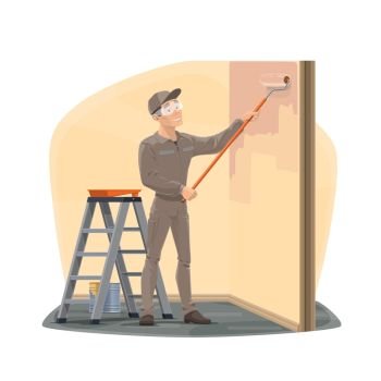 House painter or home decorator profession vector icon. Man painting wall with paint roller, bucket and ladder, uniform overalls and glasses. Workman or handyman, painting service and interior design. Painter painting wall with paint roller, bucket