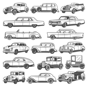 Retro vintage cars. Isolated vector icons set, monochrome old vehicles. Classic antique models, convertible coupe and luxury cabriolet, roadster sport car, minivan or passenger coach. Retro vintage cars vector icons set, old vehicles