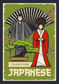 Japanese Kabuki and Noh theatre actors with bonsai tree and fan vector design of Asian culture. Samurai and geisha with traditional kimono costumes, sakura blooming branches and pink cherry flowers. Japanese bonsai, fan, Kabuki or Noh theatre actors