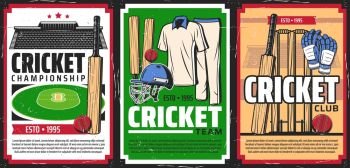 Cricket sport game equipment and stadium. Vector cricket balls, bats and wickets, player uniform, gloves and helmet with green ground and tribunes retro posters of sport club and championship match. Cricket sport stadium and game equipment