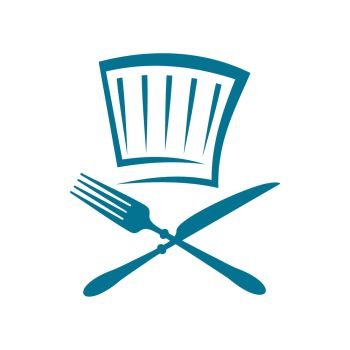 Chef hat, crossed fork and knife isolated restaurant logo. Vector cookers hat and kitchen utensils. Crossed fork and knife, chefs hat