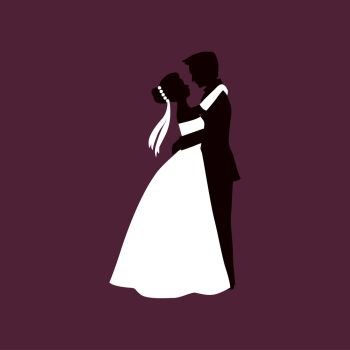 Bride and bridegroom kissing, wedding party and marriage celebration symbol. Vector isolated silhouette of bridegroom embracing bride in white wedding dress. Wedding, bride and bridegroom kiss and embrace