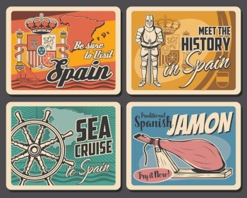 Spain travel agency, vector vintage retro posters, Spanish culture and landmarks tourism. Sea cruises, History museum and traditional jamon food, Barcelona, Madrid and Seville sightseeing tours. Welcome to Spain, Spanish culture landmarks travel