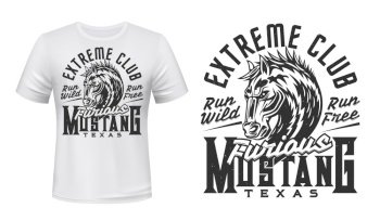 Mustang horse, vector print for t-shirt mockup. Wild stallion symbol, equine horse racing and Texas equestrian riders extreme sport club t shirt sign. T-shirt print, mustang horse head, extreme club